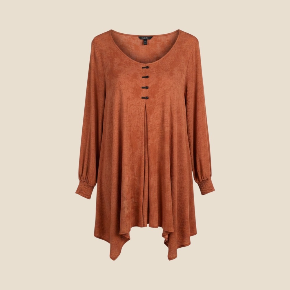 CalStyle Womens Rust Mineral Wash Pleat Tunic Sharkbite Hem Top Large NEW